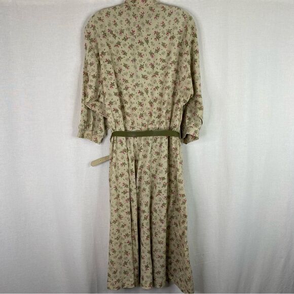 Reo Vintage Green Khaki Floral Half Button Down Dress Belt Pockets 14 - Picture 11 of 14